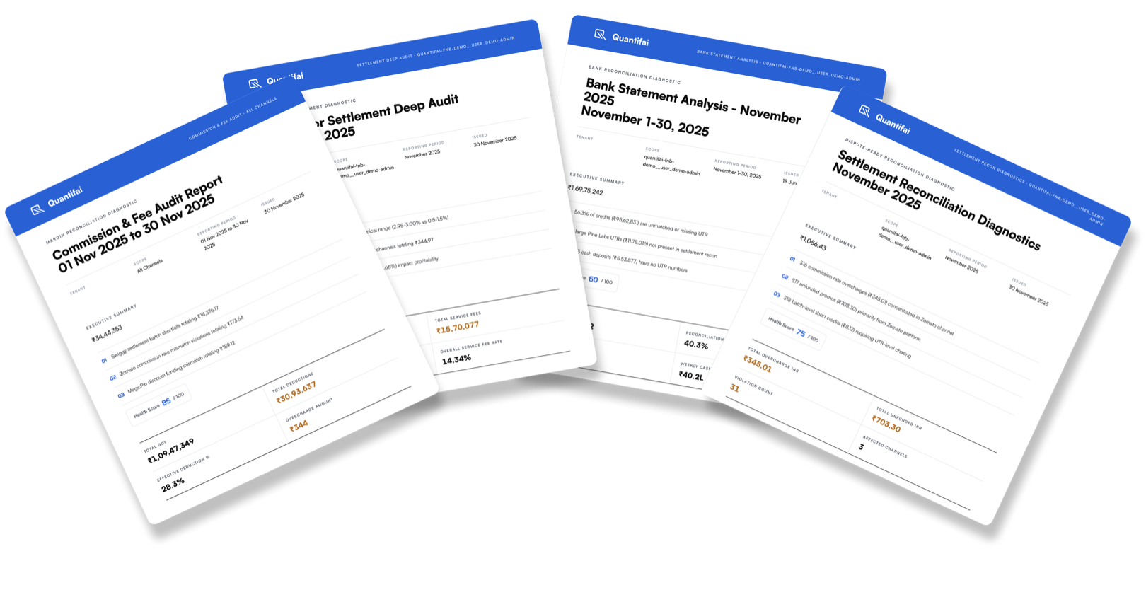 A fan of four Quantifai reports: a commission and fee audit, a settlement deep audit, a bank statement analysis and a settlement reconciliation diagnostic.